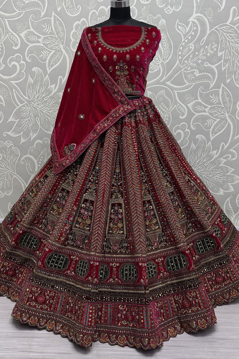 Pink Velvet Bridal Lehenga Choli Diamante Mirror work SFANJ3055
