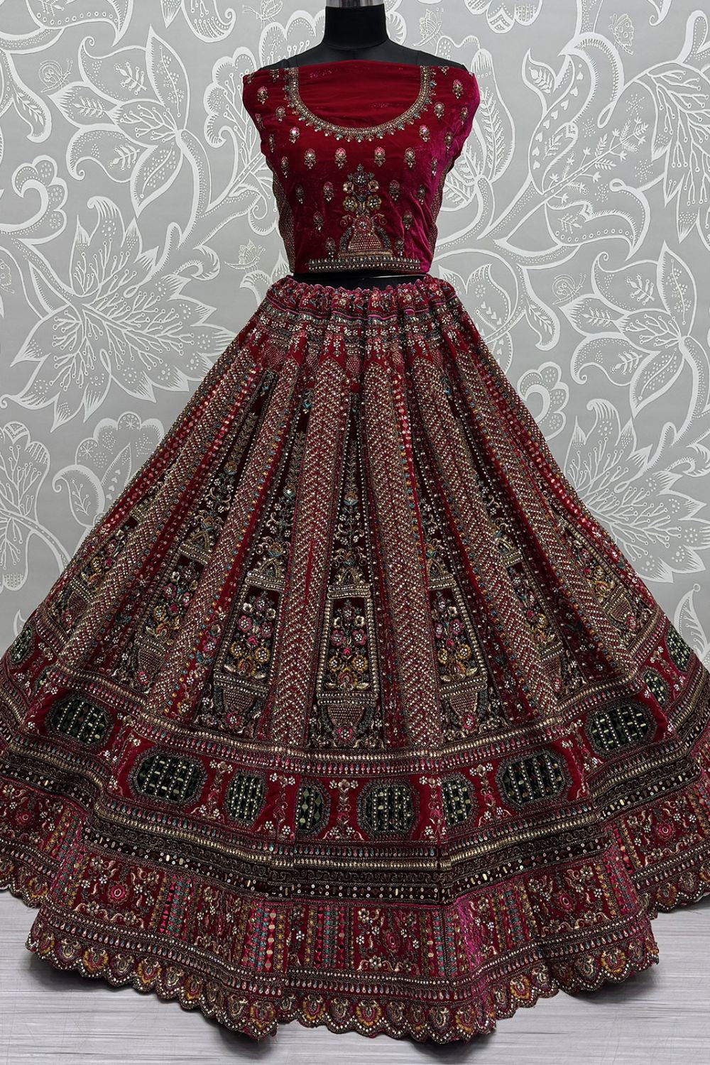 Pink Velvet Bridal Lehenga Choli Diamante Mirror work SFANJ3055