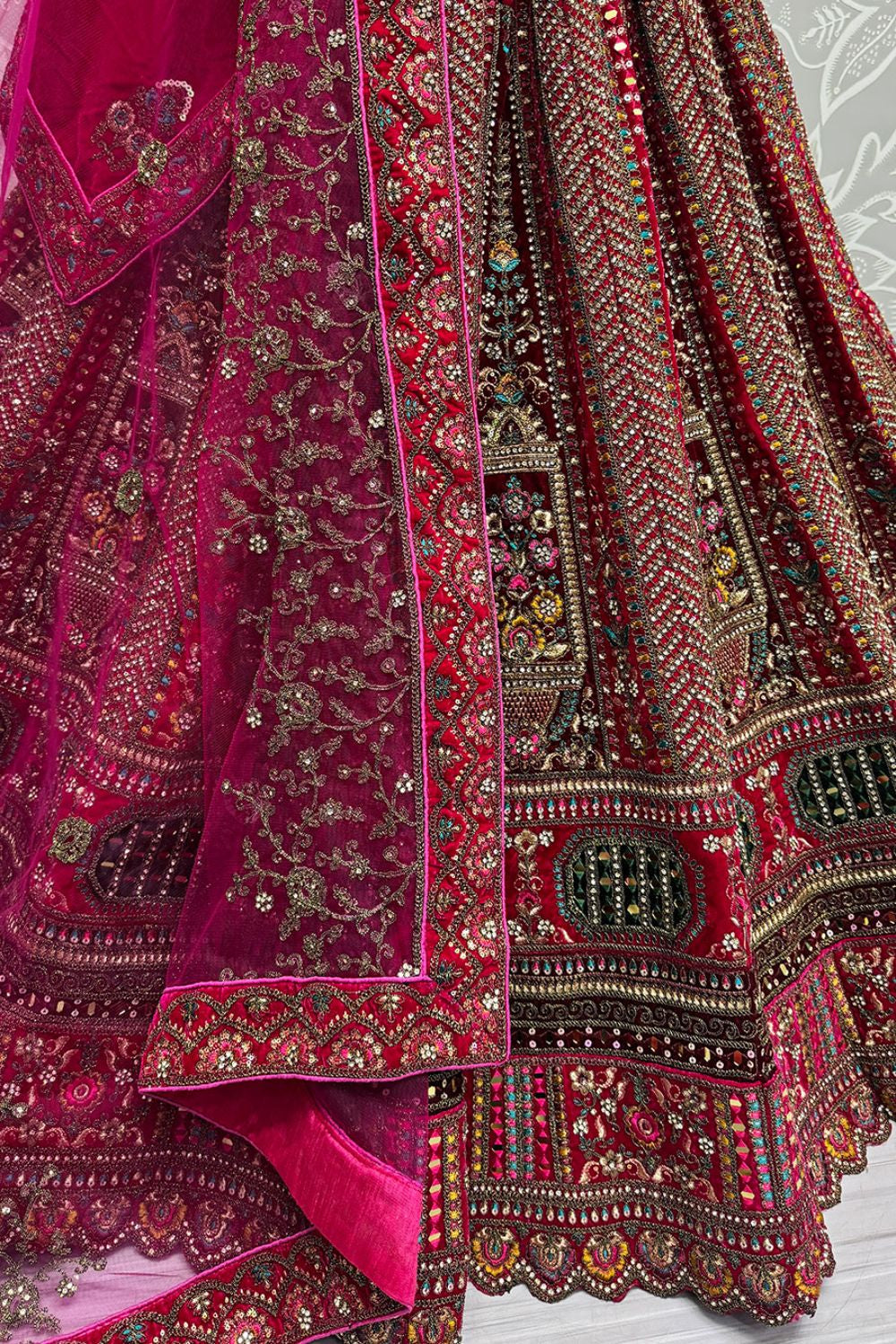 Pink Velvet Bridal Lehenga Choli Diamante Mirror work SFANJ3055
