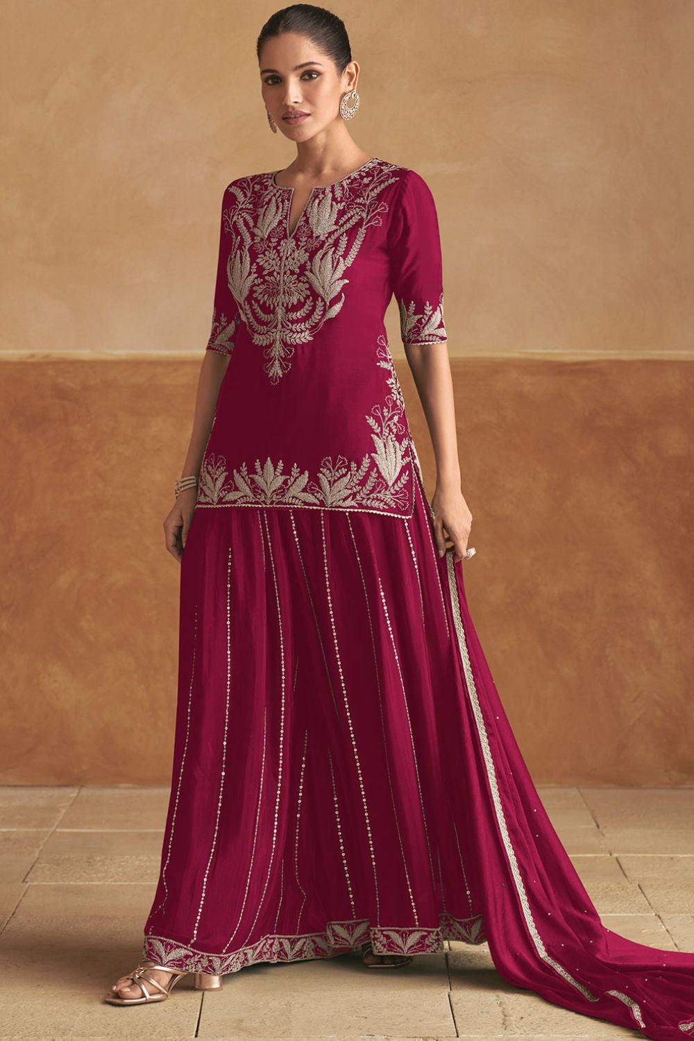Pink Sangeet Party Lehenga Choli Set In Chinnon SFSMT40701