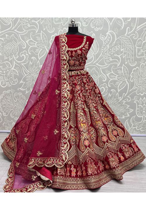 Pink Heavy Indian Wedding Leheng Choli In Velvet SFANJ2188
