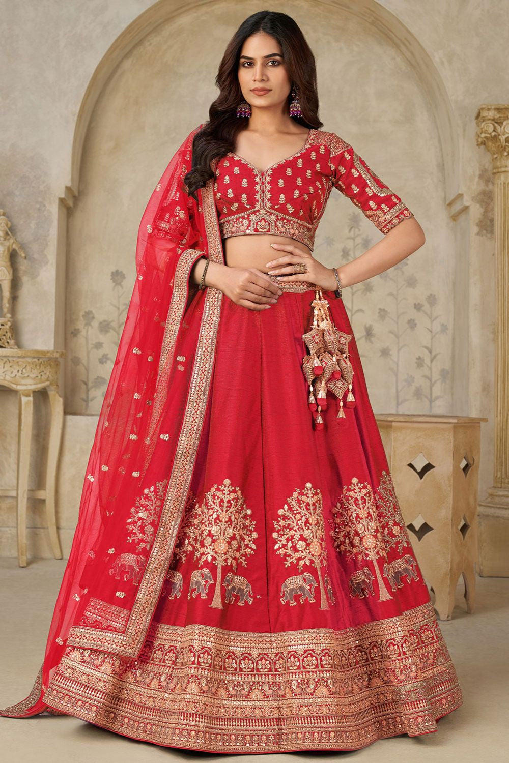 Red Silk Lehenga Choli - SFRELS6504