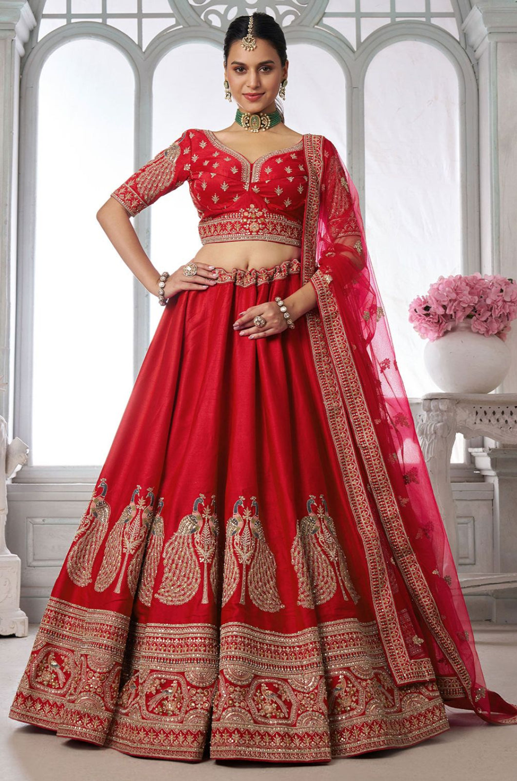 Red Silk Lehenga Choli - SFPRF280003