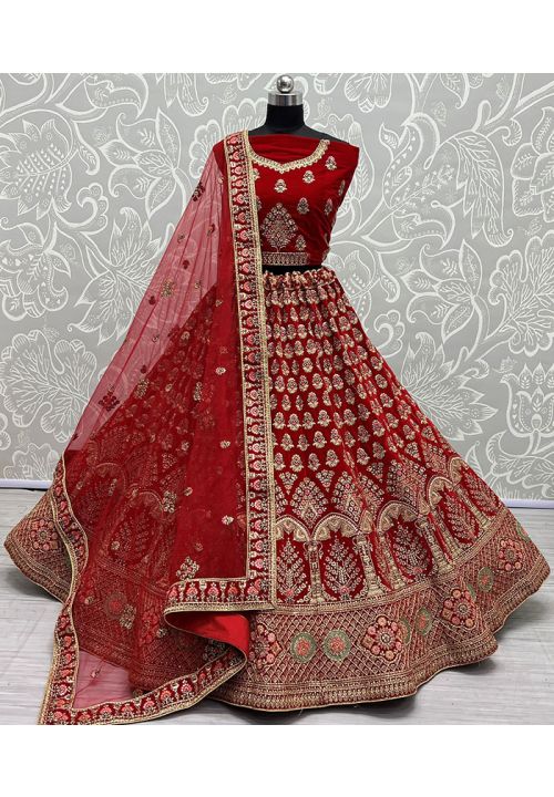 Red Bridal Lehenga Choli Set In Velvet Diamond Work SFANJ2163