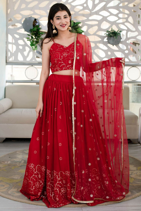 Red Wedding Party Georgette Lehenga Choli SFRELS3905
