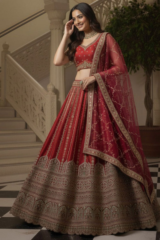 Red Silk Lehenga Choli - SFANJ3225
