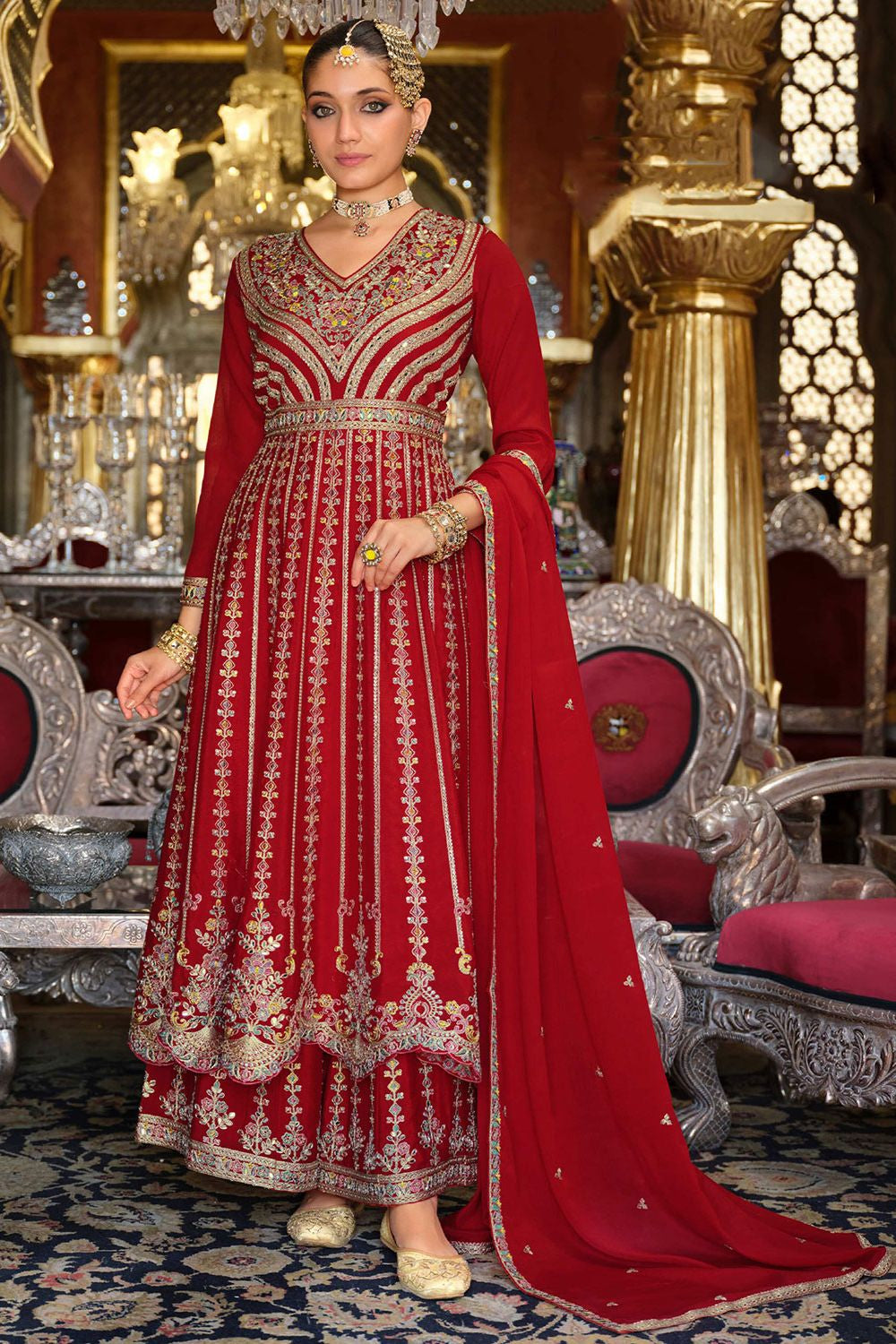 Red Wedding Sangeet Party Chinnon Salwar Kameez SFFK32304R