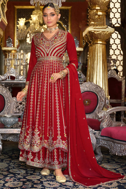 Red Wedding Sangeet Party Chinnon Salwar Kameez SFFK32304R