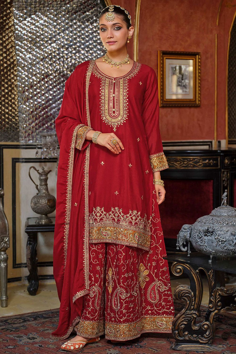Red  Wedding Sangeet Party Chinnon Palazzo Suit SFFK32401R