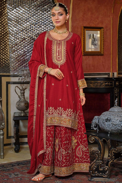 Red  Wedding Sangeet Party Chinnon Palazzo Suit SFFK32401R