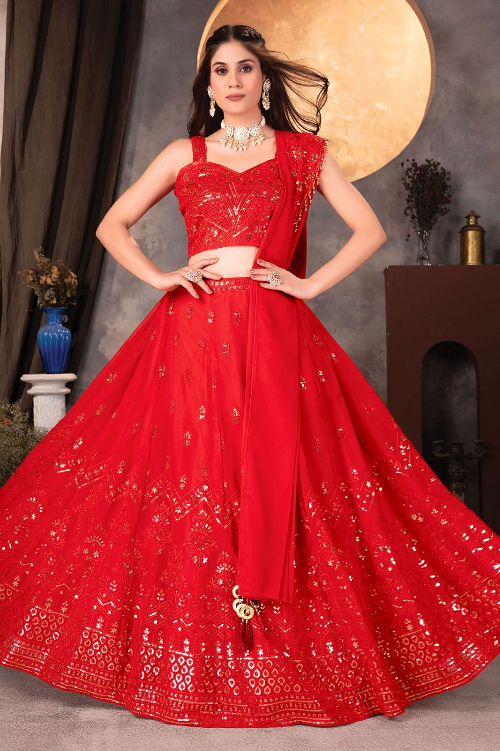 Red Georgette Lehenga Choli With Zari And Resham Work SFRELS3801