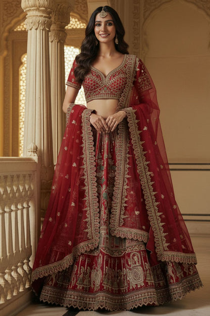 Red Silk Lehenga Choli - SFANJ3227