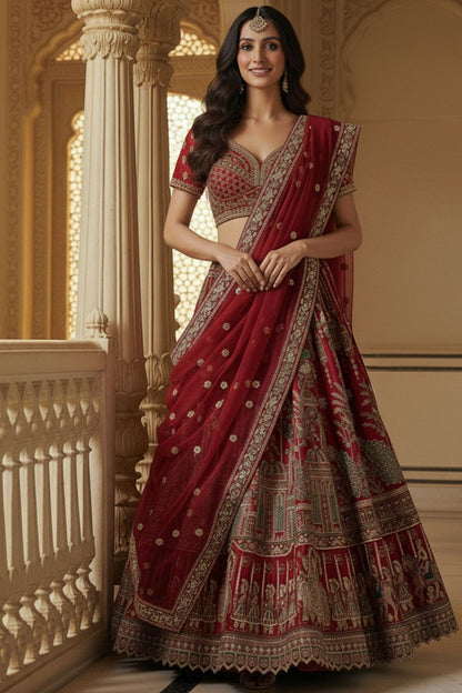 Red Silk Lehenga Choli - SFANJ3227