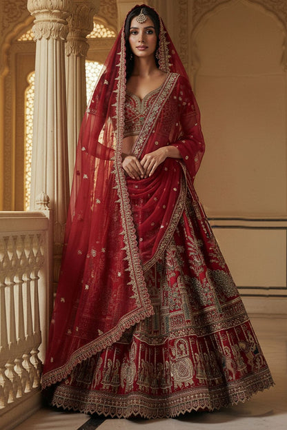 Red Silk Lehenga Choli - SFANJ3227