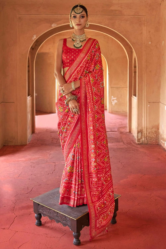 Red Silk Saree Blouse Patola Design  SFSJDN31103