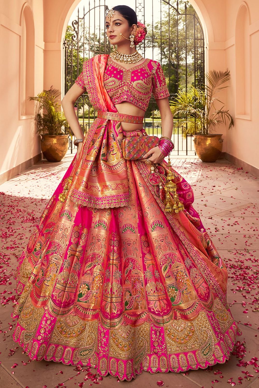 Pink Banarasi Bridal Lehenga Choli In Zarkan Cut Work SFSJDN30801
