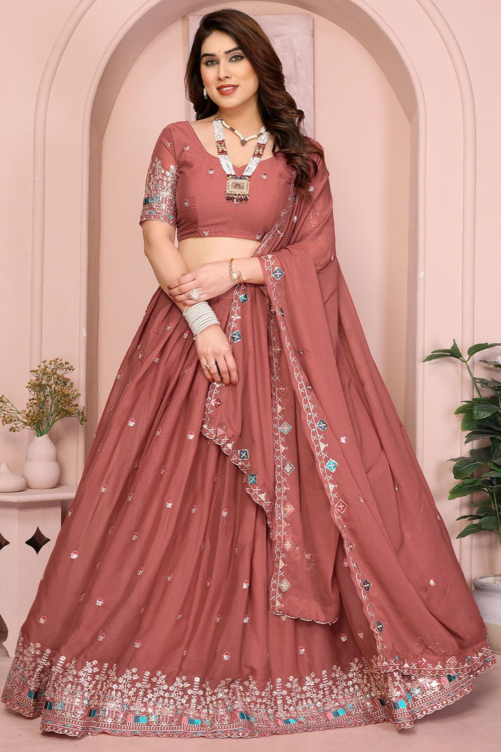 Peach Georgette Lehenga Choli - SFROY457910