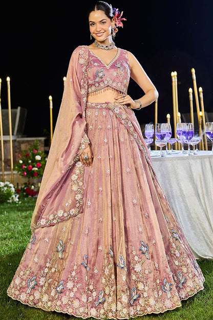 Brown Tissue Wedding Party Lehenga Choli SFPRF261508R
