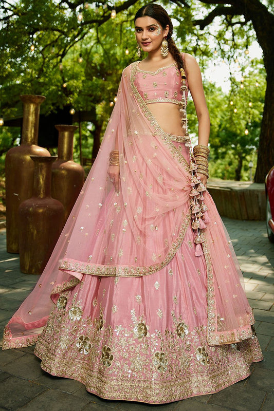 Pink Wedding Reception Chiffon Lehenga Choli In Chiffon SFFK28403
