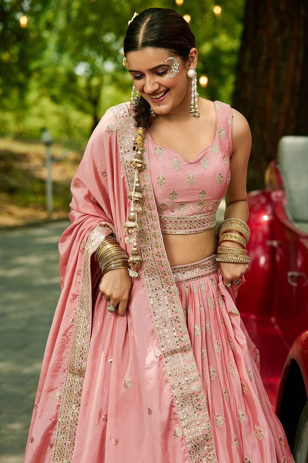 Pink Wedding Reception Chiffon Lehenga Choli In Chiffon SFFK28503
