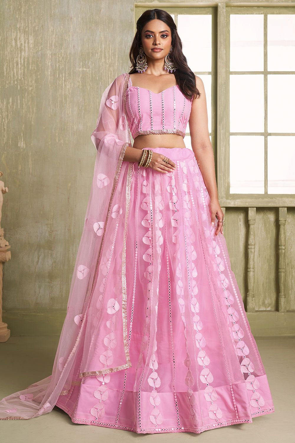 Pink Evening Wedding Net Wedding Lehenga Choli SFSA482603