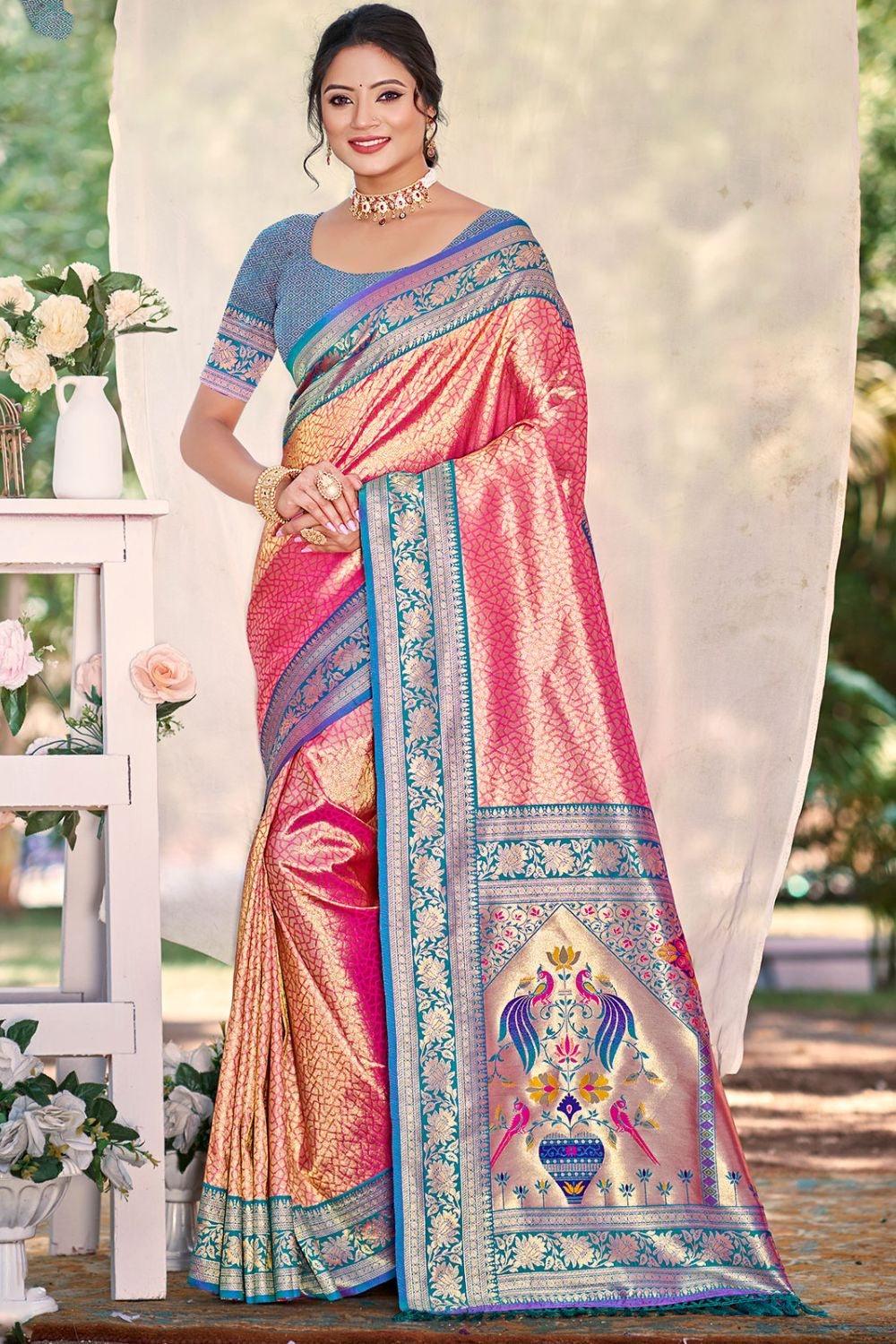 Pink  Haldi Kanjivaram Silk Zari Woven Saree With Blouse SFSGM119104