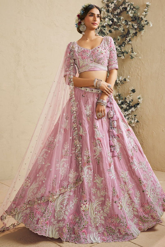 Pink Satin Wedding Party Lehenga Choli SFROY553907