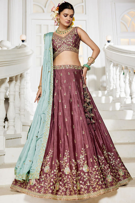 Brown Wedding Reception Chiffon Lehenga Choli In Chiffon SFFK28603