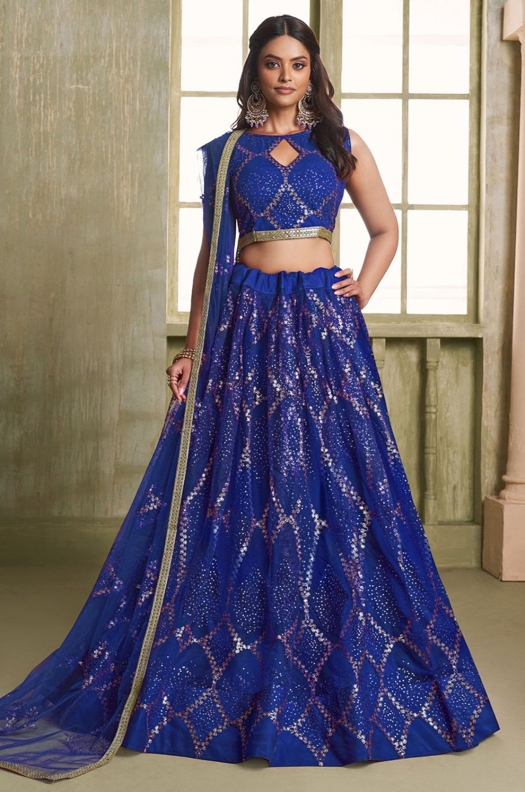 Royal Blue Net Lehenga Choli - SFSA482601A