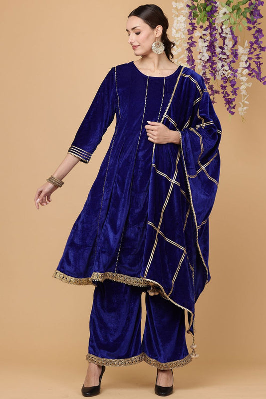 Blue Velvet Readymade Palazzo Salwar Kameez Suit  SFJBNF1814R