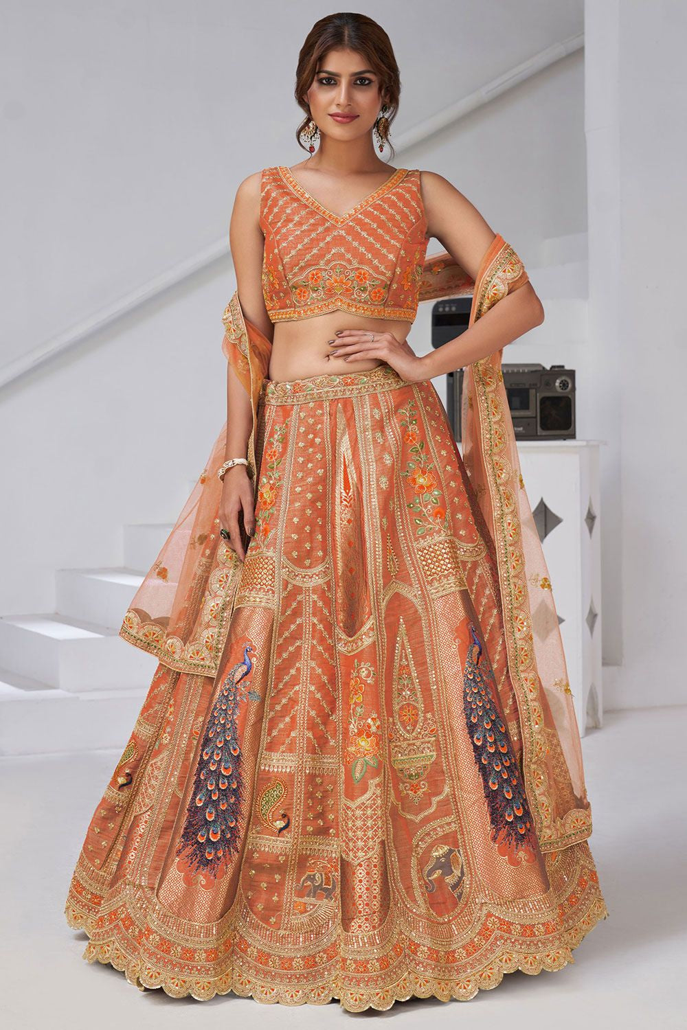 Orange Banarasi Lehenga Choli - SFRELS6518