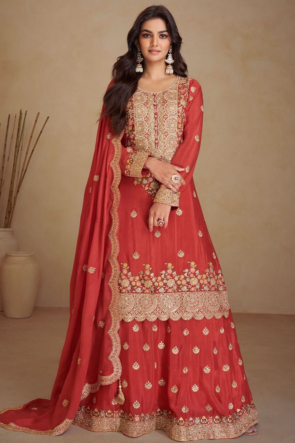 Orange Polished  Chinnon Salwar Kameez  SFYS143401R