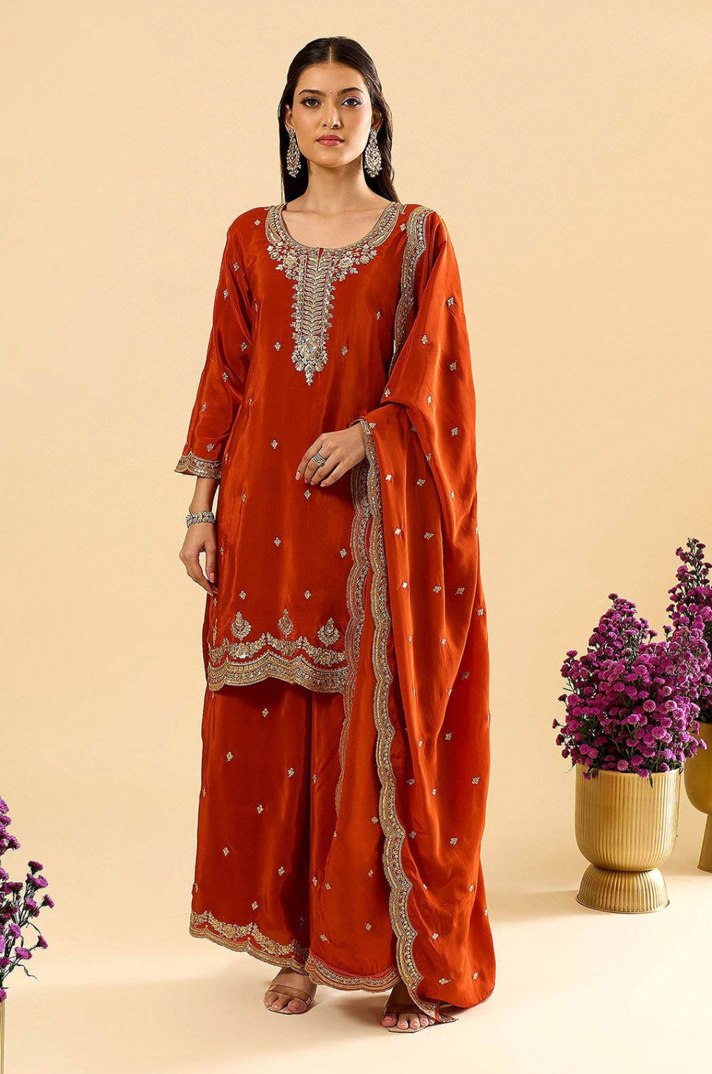Orange Silk Salwar Kameez - SFPRF279701R