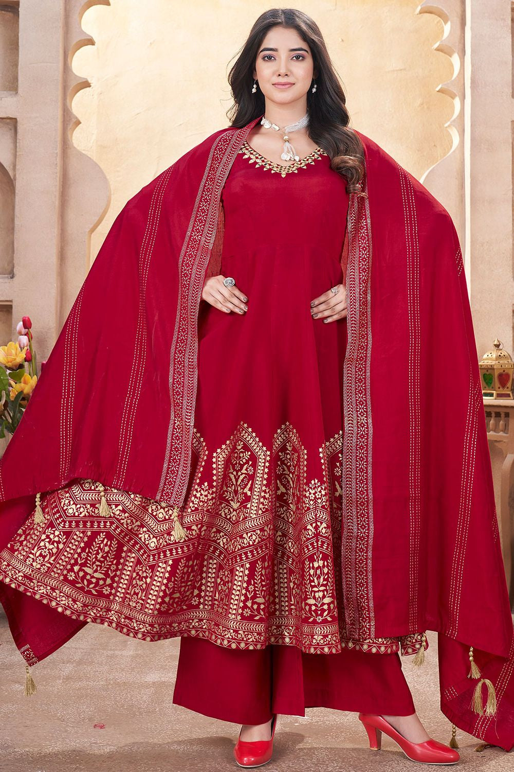 Red Palazzo Kameez In Silk SFYS144703R