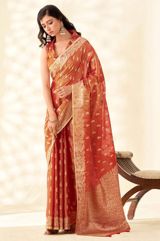 Red Tissue Silk Party Saree With Blouse SFSJDN31606