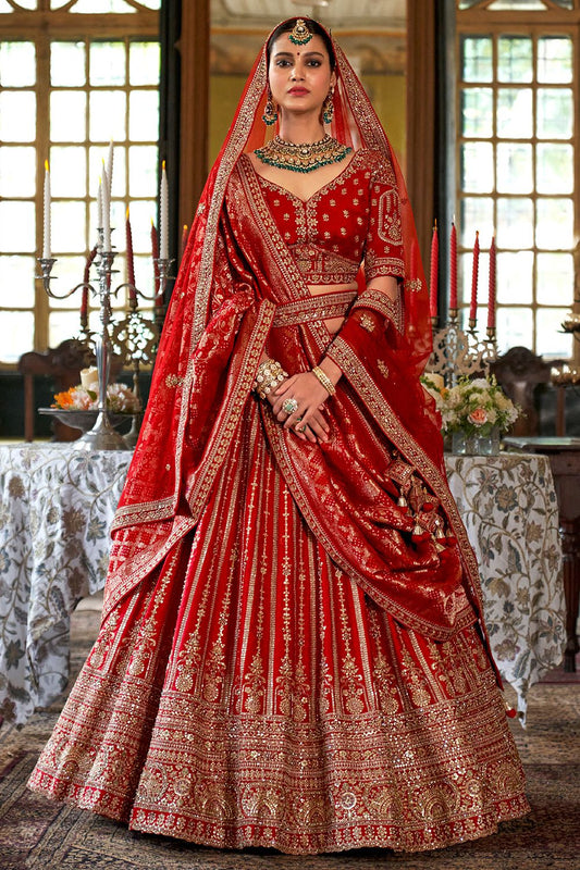 Red Heavy Bridal Silk Lehenga Choli Set SFSJDN34003