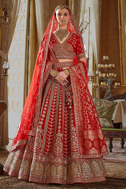 Red Heavy Bridal Silk Lehenga Choli Set  SFSJDN34008