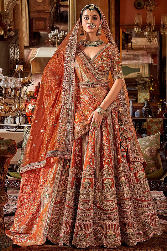 Orange Heavy Bridal Silk Lehenga Choli Set  SFSJDN34006