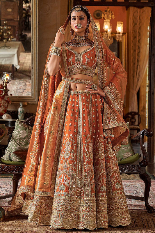 Orange Subtly Opulent  Bridal Silk Lehenga Choli SFSJDN34105
