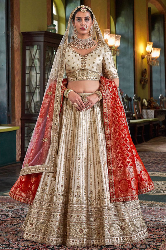 White Heavy Bridal Silk Lehenga Choli Set SFSJDN34001