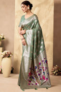 Green Silk Peacock Print Pallu Saree With Blouse SFSA501903