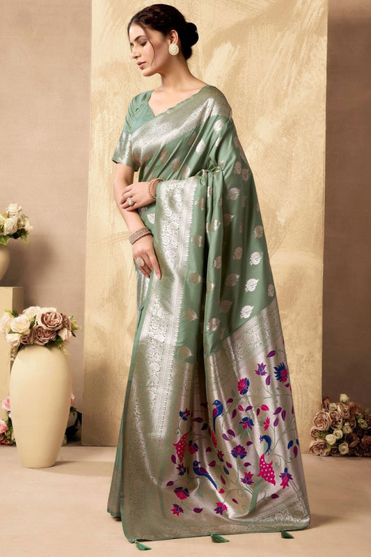 Green Silk Peacock Print Pallu Saree With Blouse SFSA501903