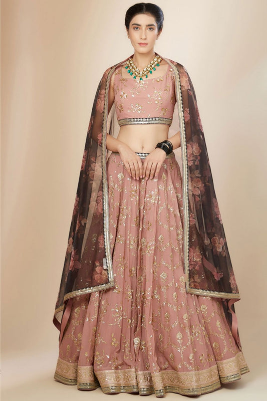 Pink Sangeet Georgette Lehenga Choli With Floral Dupatta SFZC4706