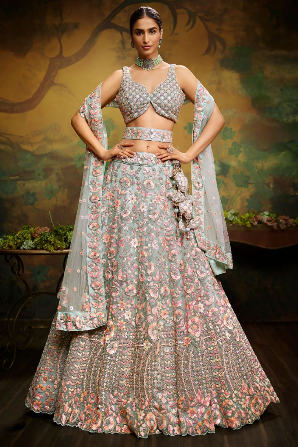 Green Net Engagement Lehenga Choli SFROY522411