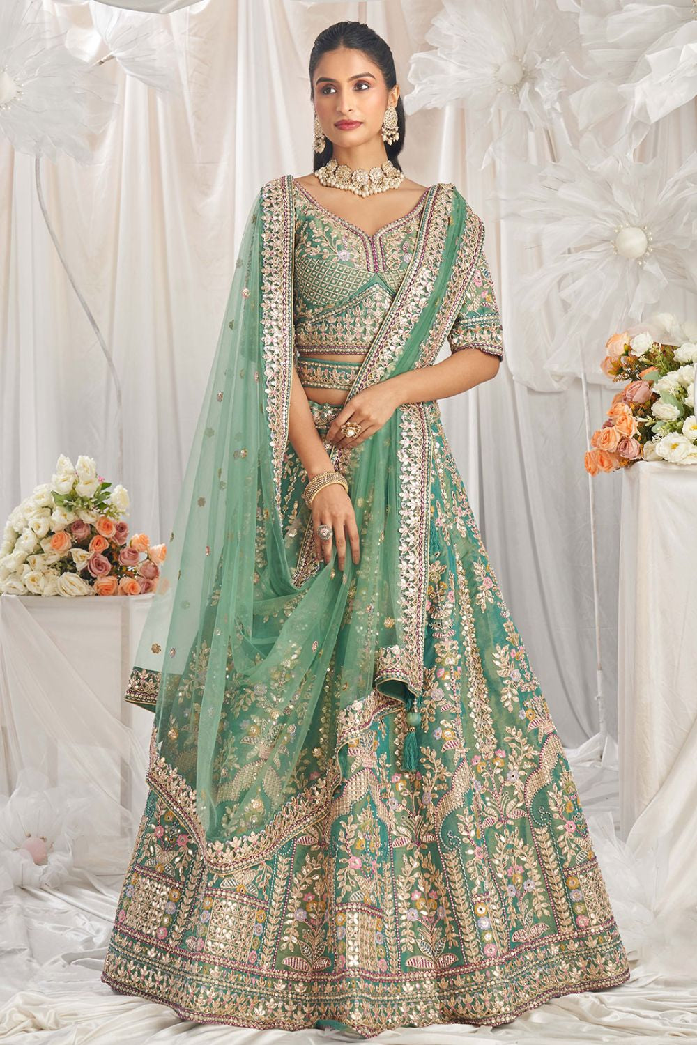 Green Bridal Wedding Lehenga Choli In Tissue Net SFROY522459