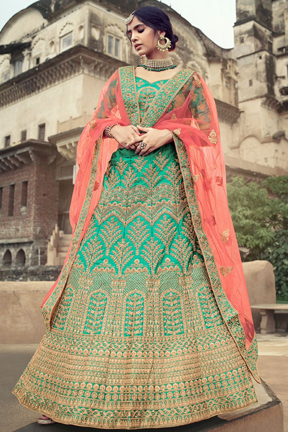 Green Glitter Stone Work Engagement Satin Lehenga Choli SFARY11501
