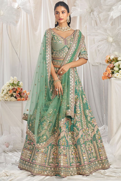 Green Tissue Bridal Reception Party Lehenga Choli SFSA495303