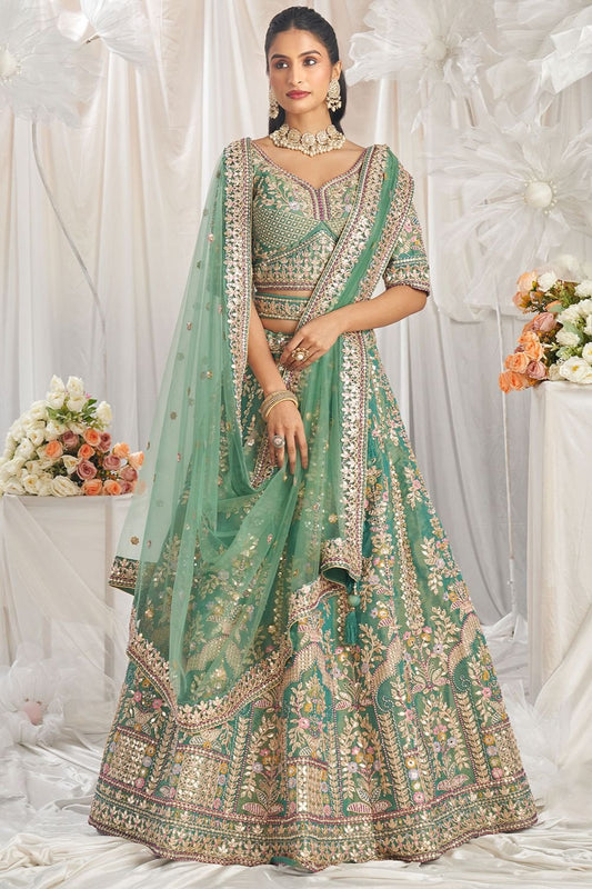 Green Tissue Bridal Reception Party Lehenga Choli SFSA495303