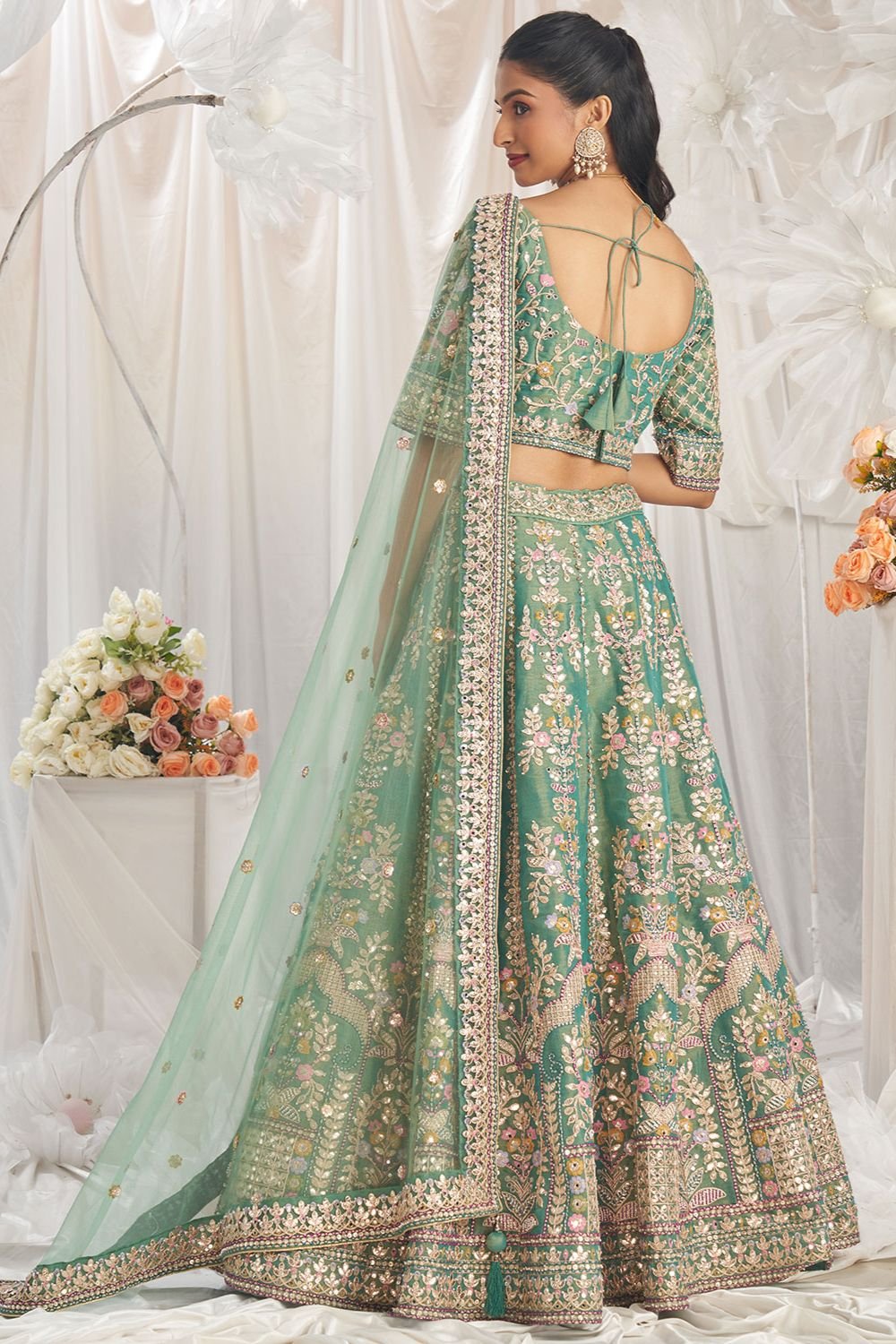 Green Tissue Bridal Reception Party Lehenga Choli SFSA495303