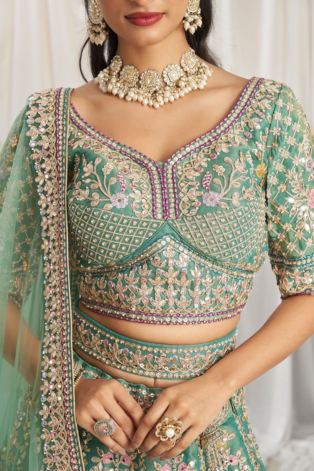Green Tissue Bridal Reception Party Lehenga Choli SFSA495303